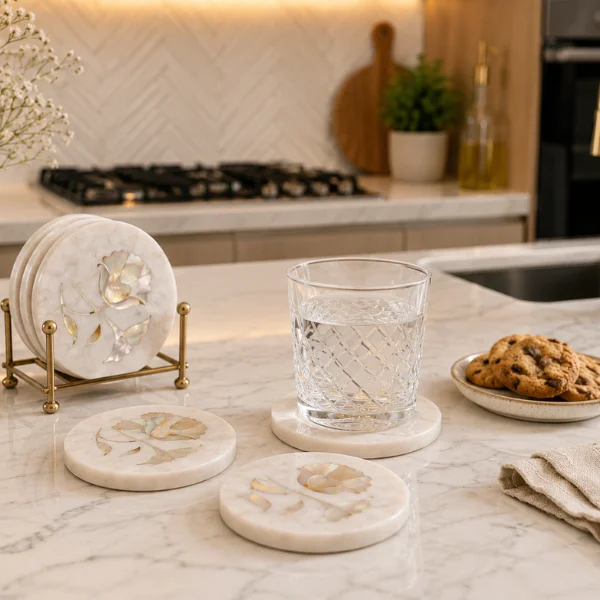 3-1-600x600 Handcrafted Natural White Marble Coasters with Mother of Pearl