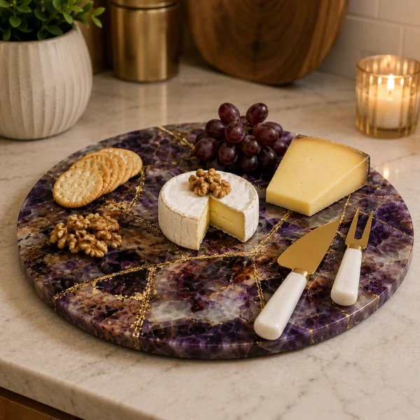 Amethyst Agate Stone Cheese Platter With Round 10″ Amethyst Agate Stone Cheese Platter With Round 10″