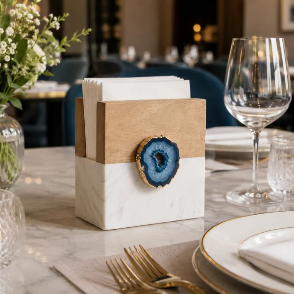Elegant Two-Tone Napkin Holder Marble & Mango Wood with Blue Agate Detail 5″ Elegant Two-Tone Napkin Holder Marble & Mango Wood with Blue Agate Detail 5″
