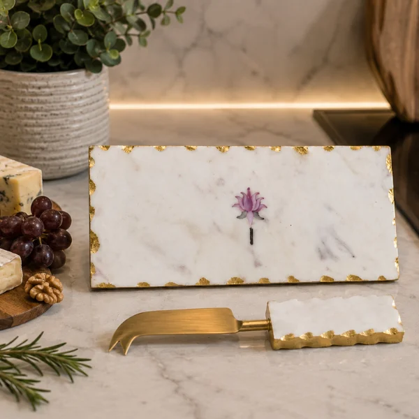 Gold Foil Edges Pink Lotus Inlay Design With Cheese Knife in modern kitchen Pink Lotus Marble Cheese Board With Gold Foil Edges & Cheese Knife