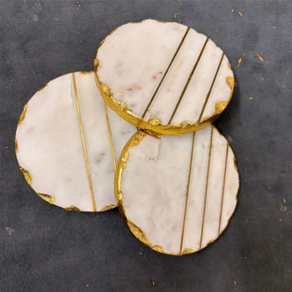 MARBLE COASTER ROUND WITH BRASS INLAY AND GOLD FOIL EDGES S4 MARBLE COASTER ROUND WITH BRASS INLAY AND GOLD FOIL EDGES S4