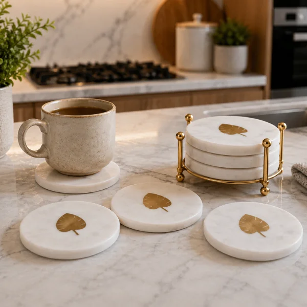 Marble Coaster Round With Brass Inlay Design set of 4Pcs Marble Coaster Round With Brass Inlay Design set of 4Pcs
