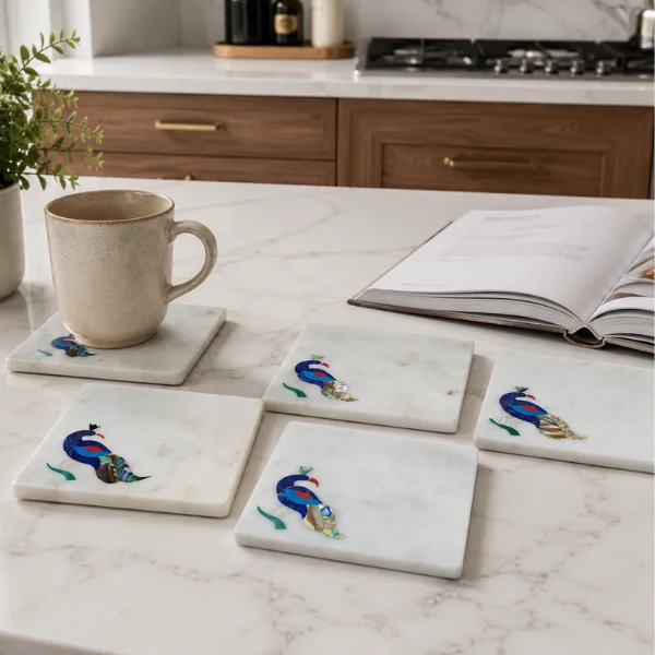 Marble Coasters Set of 4pcs Mother of Pearl Peacock Inlay Marble Coasters Set of 4pcs Mother of Pearl Peacock Inlay