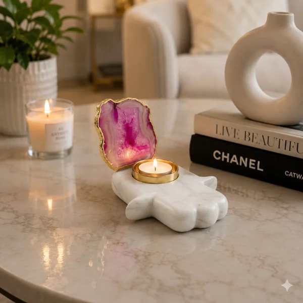 Marble Hamsa Hand 5x4 Candle Holder with 2.5 Agate Stone Marble Hamsa Hand 5x4 Candle Holder with 2.5 Agate Stone
