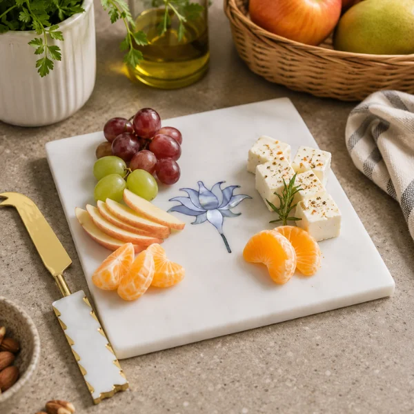 Marble Platter 8x8With Mother of Pearl Inlay Lotus Design with Cheese Knife Marble Platter 8x8With Mother of Pearl Inlay Lotus Design with Cheese Knife