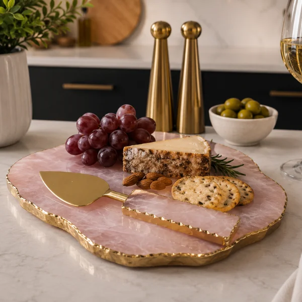 Rose Quartz Platter With Cutlery and Gold Edges Rose Quartz Platter With Cutlery and Gold Edges