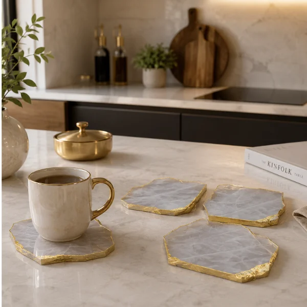 Untitled design (4) Rose Quartz Natural Shape Agate Coaster set of 4 With Gold Foil Edeges 3,5 To 4"