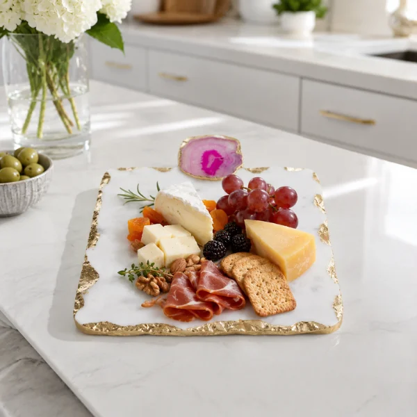 White Marble Chopping Cheese Board Gold Edges 9X7 White Marble Chopping Cheese Board Gold Edges 9X7