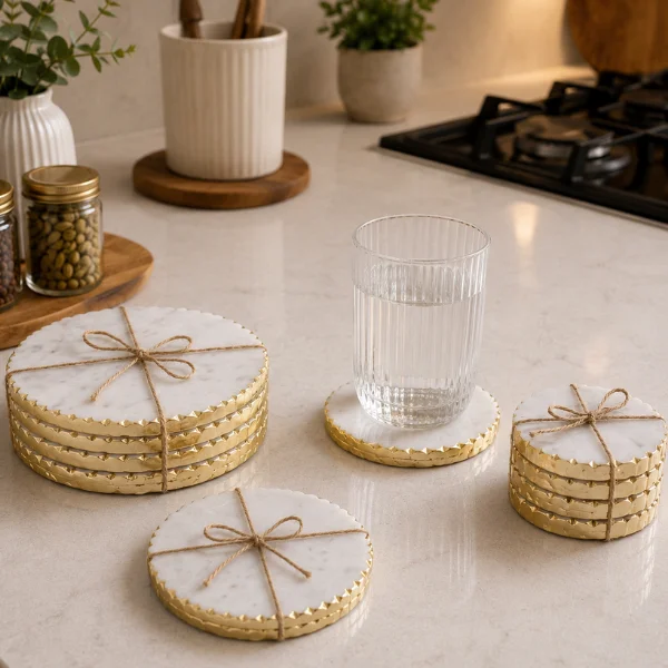 White Marble Trivets & Coaster Set of 4 Golden Design White Marble Trivets & Coaster Set of 4 Golden Design