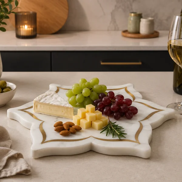 image generate using this White Marble Lotus Platter With Brass Inlay 10 in modern kitchen White Marble Lotus Platter With Brass Inlay 10