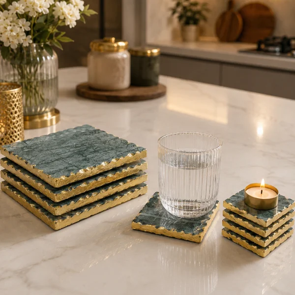 Green Marble Trivets & Coaster Set of 4 With Gold Foil Green Marble Trivets & Coaster Set of 4 With Gold Foil