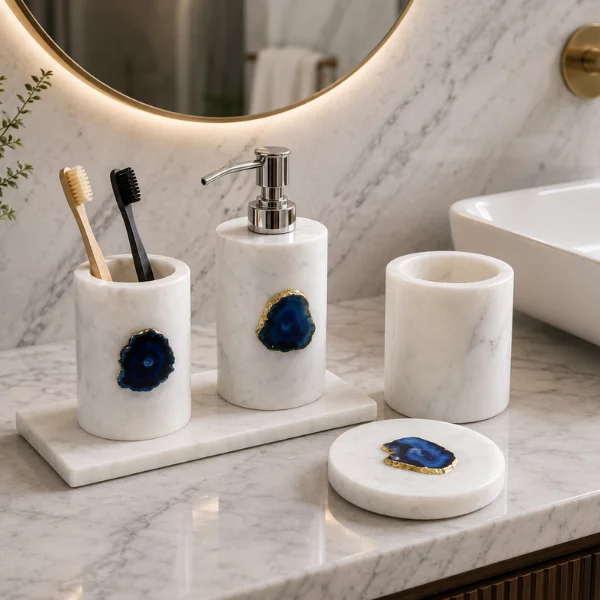 White Marble With Blue Agate Bathroom Set White Marble With Blue Agate Bathroom Set