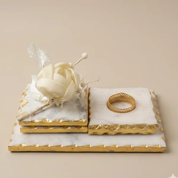 11 Luxury White Marble Coaster Set with Gold Foil Edge