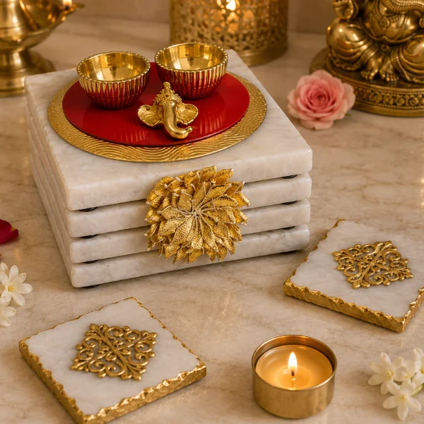 Haldi Kumkum Platter With Marble Coaster Set