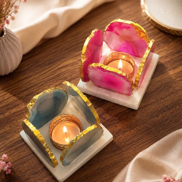 Agate Stone 4-Side Tealight Candle Holders with Marble Bases-3 Agate Stone 4-Side Tealight Candle Holders with Marble Bases