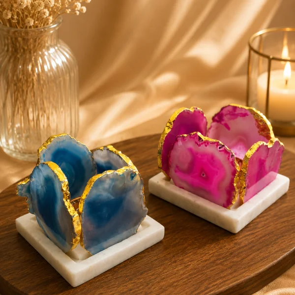 Agate Stone 4-Side Tealight Candle Holders with Marble Bases-4 Agate Stone 4-Side Tealight Candle Holders with Marble Bases
