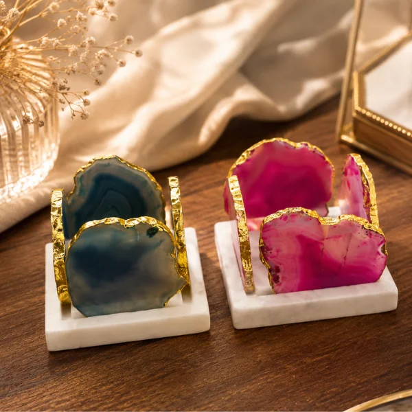 Agate Stone 4-Side Tealight Candle Holders with Marble Bases-5 Agate Stone 4-Side Tealight Candle Holders with Marble Bases