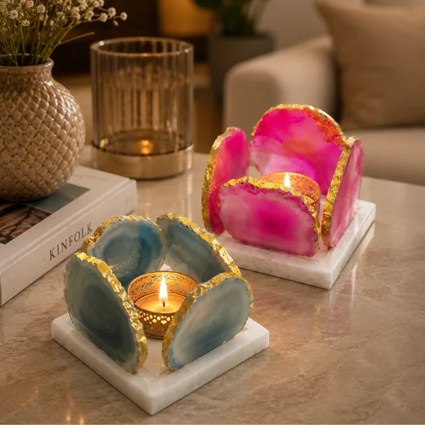 Agate Stone T-Light & Candle Holder with Marble Base
